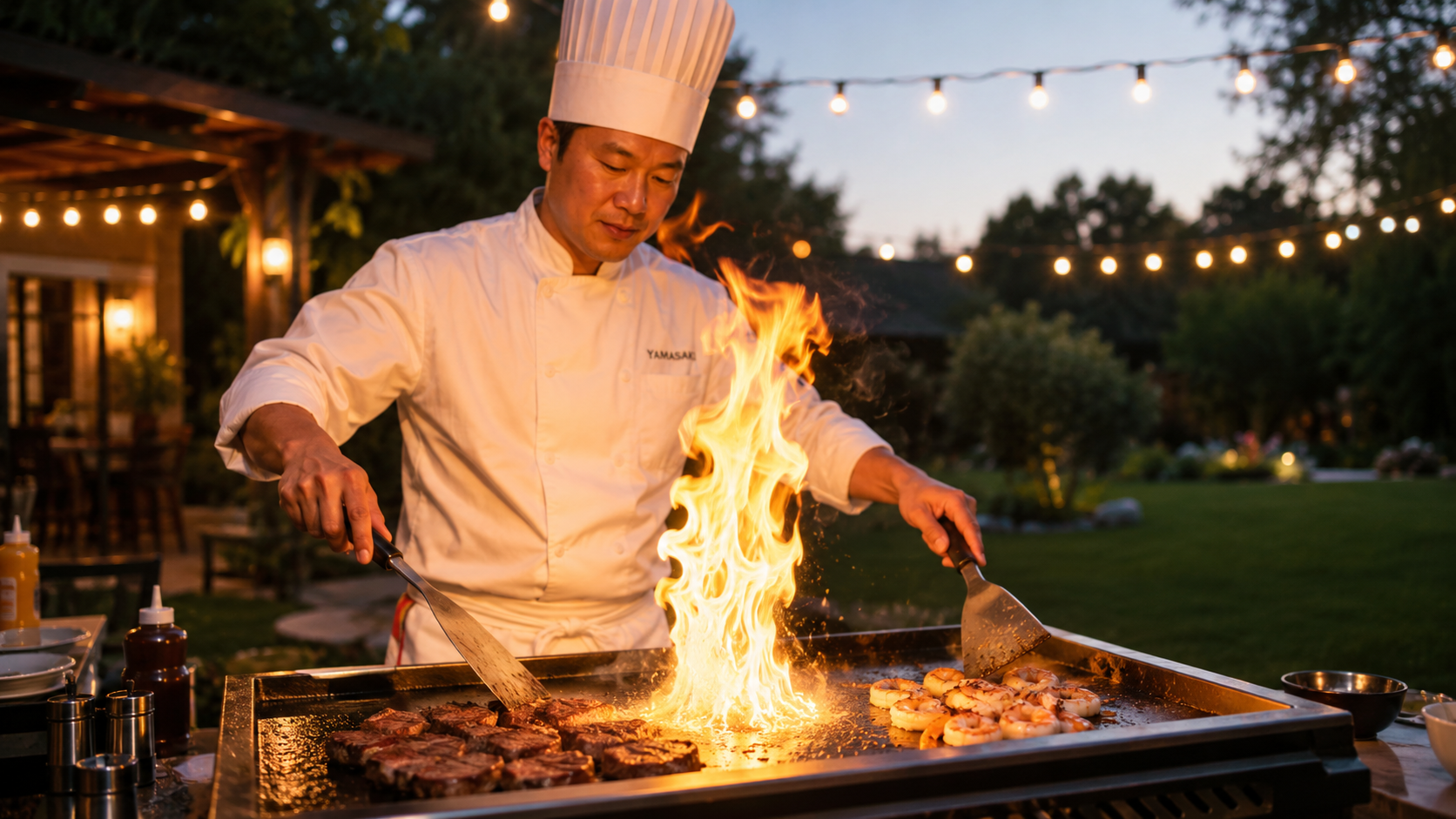 Private hibachi chef performing live teppanyaki with fire show